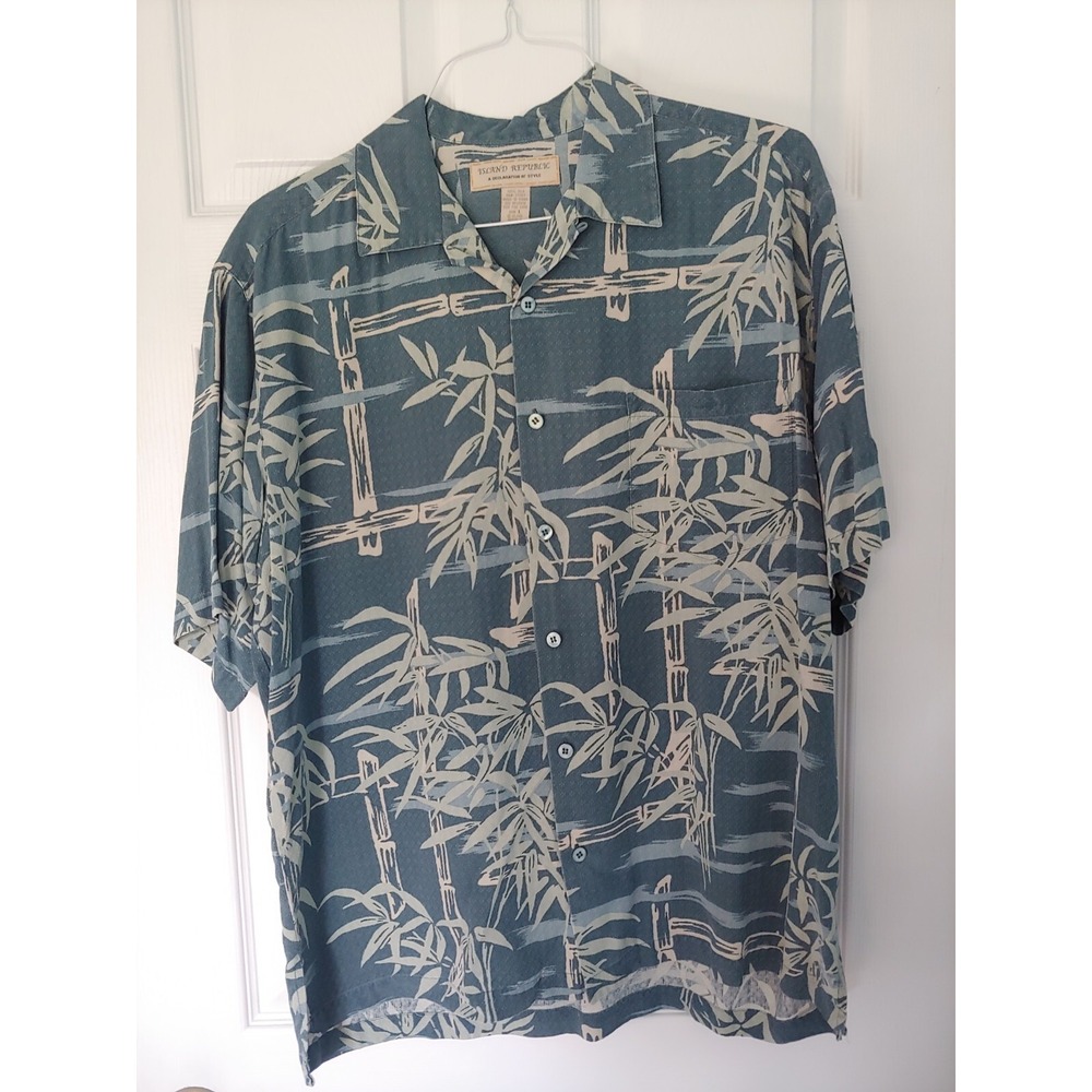 Island Republic Shirt Mens Sz Large Blue Floral Hawaiian 100% Silk Short Sleeve